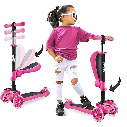 Hurtle 3-Wheeled Scooter for Kids - Wheel LED Lights, Adjustable Lean-to-Steer Handlebar, and Foldable Seat - Sit or Stand Ride with Brake for Boys and Girls Ages 1-14 Years Old
