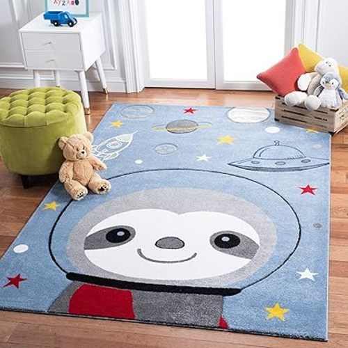 SAFAVIEH Carousel Kids Collection Accent Rug - 4' x 6', Blue & Grey, Sloth Design, Non-Shedding & Easy Care, Ideal for High Traffic Areas for Boys & Girls in Playroom, Nursery, Bedroom (CRK140M)