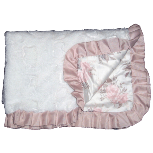 The Peanut Shell Cream Pink Rose Print Satin Back Ruffle Trim Baby Blanket 34x43