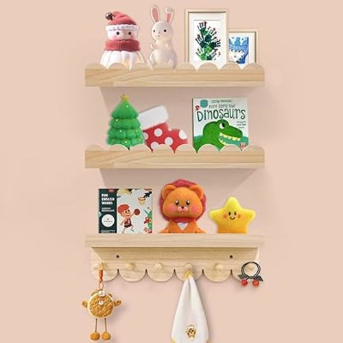 Floating Nursery Book Shelves for Wall, 16'' Wood Book Shelf for Baby Boys Girls Bedroom Bathroom and Décor Storage, Wall Shelf for Books, Plants, Toys, Photo Frames (Wooden, 3 Pack)