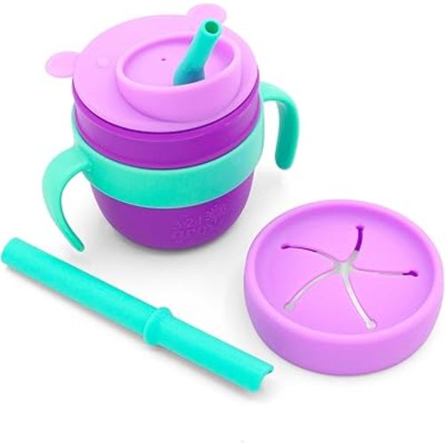 Easy Learn Drink and Snack Set – Baby + Toddler Silicone Learning Cup & Snack Set, Training Cup for Straw and Open Cup Independence – Dishwasher Safe (Grape)