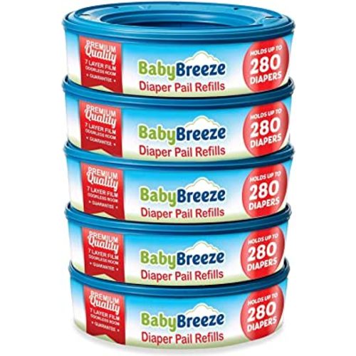 BabyBreeze Diaper Pail Refill Bags Compatible with Playtex Diaper Genie Pails Odor Absorbing Diaper Disposal Trash Bags - 1400 Count (5-Pack)