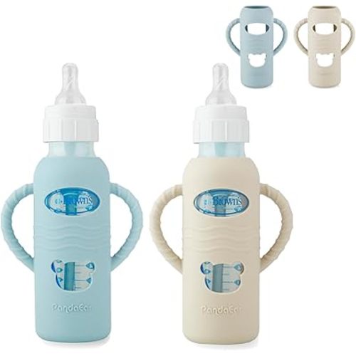 PandaEar 2 Pack Silicone Sleeves for Dr. Brown's 8oz Glass Baby Bottles, Anti-Drop Protective Bottle Covers with Handles, Heat-Resistant & Easy to Grip