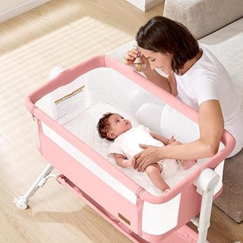 Bassinet Bedside Sleeper - All-Mesh Design, Portable Bedside Bassinet for Baby with Washable Mattress, 5 Adjustable Heights (Pink)
