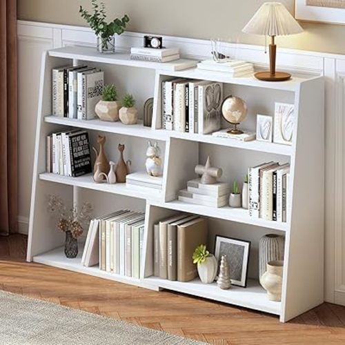 IOTXY Wooden Extendable Shelf Bookcase - 3-Tier Ladder Low Short Bookshelf for Small Space or Corner, White, L