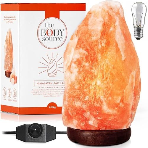 Himalayan Salt Lamp 10-12 inches (11-15Ib), Includes Dimmer Switch and Night Light - All Natural Salt Lamp with Handcrafted Wooden Base and Light Bulb Replacement