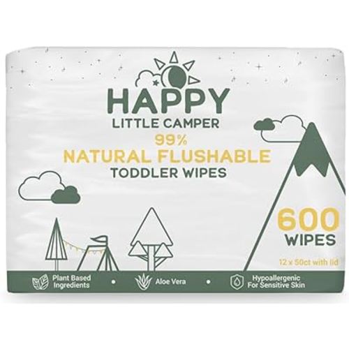 Happy Little Camper Natural Flushable Wet Wipes with Aloe Vera and Vitamin E, Chlorine-Free, Gentle, Hypoallergenic and Dermatologically Tested, Septic Safe, Unscented, 600 Count