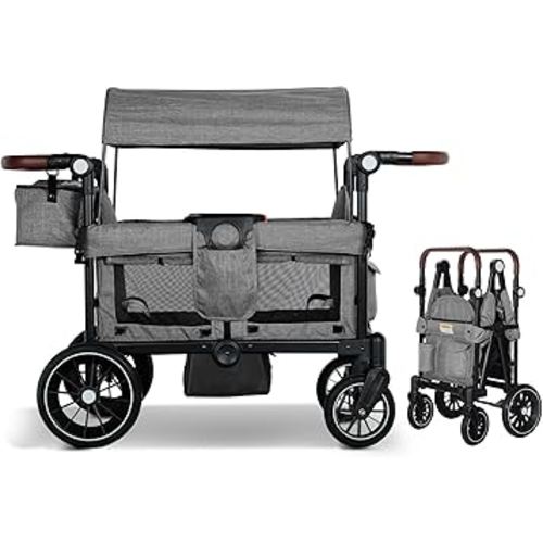 Wagon Stroller for 2 Kids, Foldable Kids Wagon Cart Featuring with Harnesses, Adjustable Double Push Handle, Removable Canopy, Snack Tray, Large Storage Bag, Gray