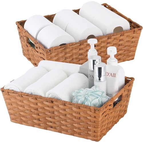 Large Wicker Storage Basket, Metal Frame, Set of 2, Washable Waterproof, 15" x 10.3" x 5.2", Caramel Orange, Woven Basket for Pantry, Toilet, Bathroom, Bedroom, Patio