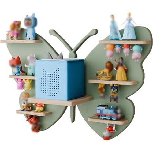 Butterfly Tonie Shelf for Tonie&TonieBox - Cyan Magnetic Wooden Floating Shelves for Storage, Cute Tonie Wall Shelf for 20-32 Tonies Figure,TonieBox Shelves Wall Mount for Kids
