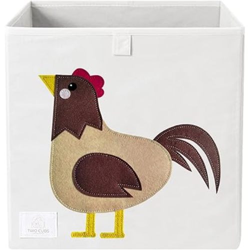 Two Cubs Storage Box - Kids Toys Organizer (13"x13"x13"), White, Foldable Toy Storage Bin, Nursery Storage Basket, Cube Organizer for Ikea Kallax Shelves, Durable, Collapsible, Farm Animal - Rooster