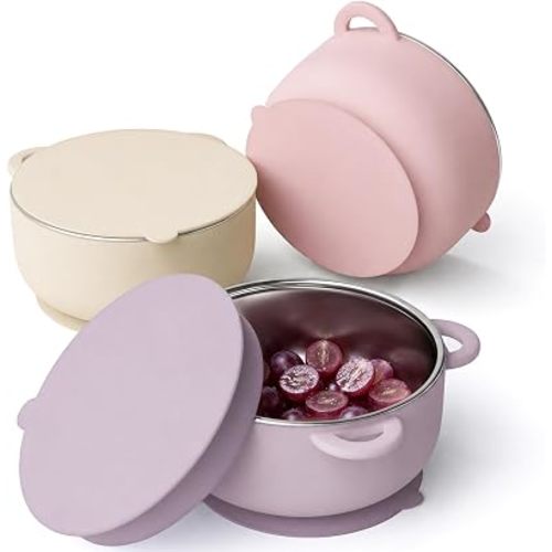 Bakpoco 2-in-1 Stainless Steel Baby Bowls, Leak-Proof Lids & Suction Silicone Bowl, 13.5oz Toddler Bowls Kids Food Containers Infant Dinnerware for Feeding & Snacks,3Pack Blush Garden