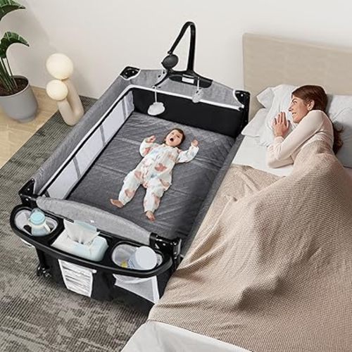 Baby Bassinet Bedside Crib, 4-in-1 Multifunction Pack and Play, Folding Portable Baby Playard w/Baby Changing Table, Storage Basket, Mattress and Soft Toys for Newborn to Toddlers