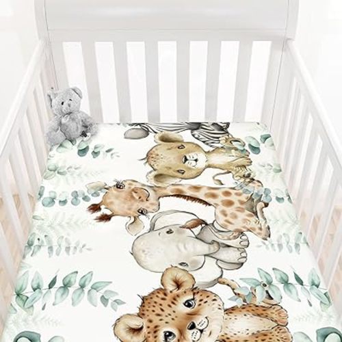 HawSkgFub Safari Jungle African Animals Eucalyptus Leaf Fitted Standard Baby Crib Sheet, Giraffe Lion Tiger Elephant Zebra Toddler Mattress Cover, Soft Stretchy Nursery Bed Sheets Kids Gift 52” x 28”