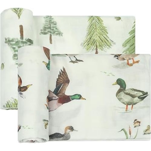 Muslin Swaddle Blankets Neutral - Soft 47x47 Inch Baby Swaddle Wrap & Nursery Receiving Blanket, Mallard Duck/Woodland - Breathable 70% Bamboo Viscose & 30% Cotton