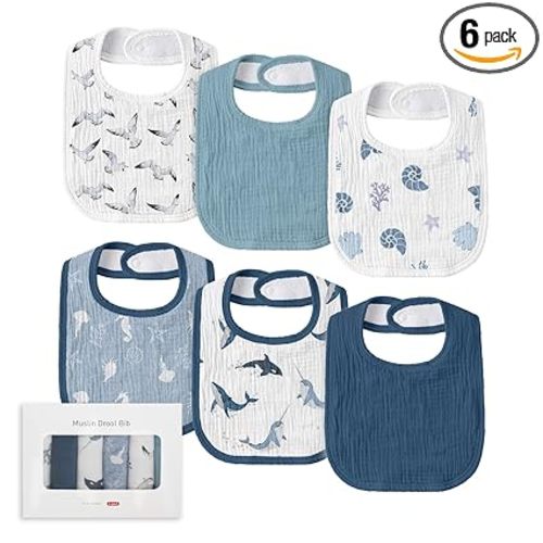 Muslin Baby Drool Bibs for Unisex Boys Girls, 6 Pack Soft Cotton Baby Bib for Teething Drooling, Essentials Shower Gift (6, Blue)