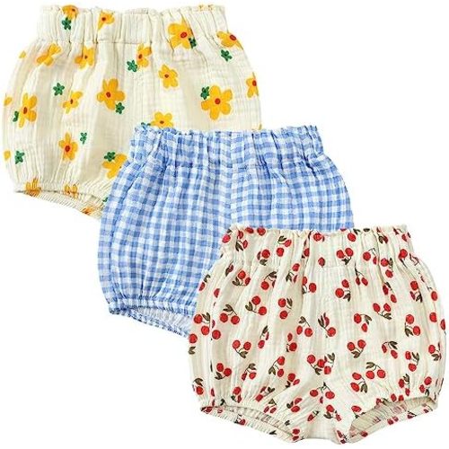 3PC Shorts Set Newborn Baby Girls Boys Pants Cotton Linen Blend Cute Floral Bloomers Triangle Shorts