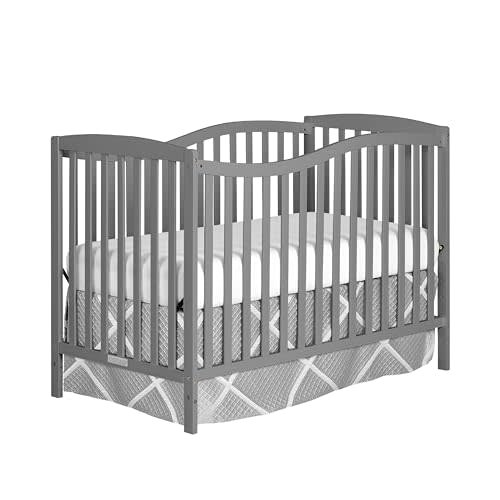 Dream On Me Chelsea 5-in-1 Convertible Crib in Steel Grey, made of New Zealand pinewood, JPMA & Greenguard gold certified, comes with 4 mattress height positions