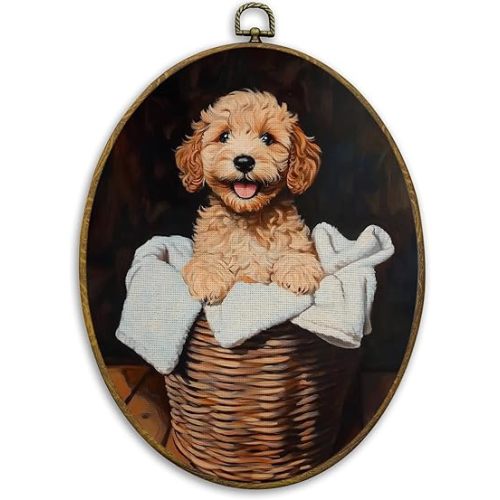 CUANFDDSF Vintage Goldendoodle Laundry Room Oval Wall Art Decor, Golden Doodle Gifts Wall Hanging Decor, Farmhouse Dog in Basket Framed Canvas Prints for Bathroom Washroom Restroom, 8.6x11.4 Inch