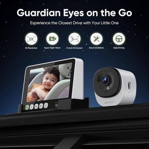 bonoch 2K Baby Car Camera USB C with Full Crystal Night Vision, 5 Inch Baby Car Monitor for Back Seat Rear Facing, Easy Setup, 4X Zoom, Brightness Adjustment, USB Powered Plug and Play, Air Vent Mount