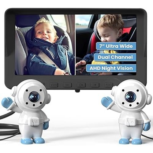 GROWNSY Baby Car Camera for 2 Kids, 7 in Ultrawide AHD Car Baby Monitor with 2 Camera, Backseat Mirror for Baby Rear Facing with Infrared Night Vision, Easily Observe Baby's Every Move