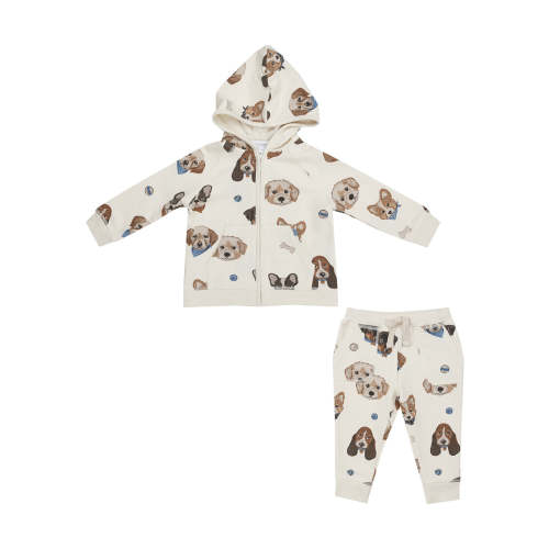 French Terry Hoodie & Jogger Set, Vintage Puppy Faces