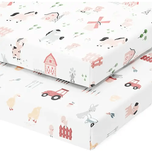 Pack and Play Sheets Fitted – Compatible with Graco Pack n Play Playard Crib and Other 27 x 39 Inch Playpen Mattress – Snuggly Soft 100% Jersey Cotton – Farm Animals – 2 Pack
