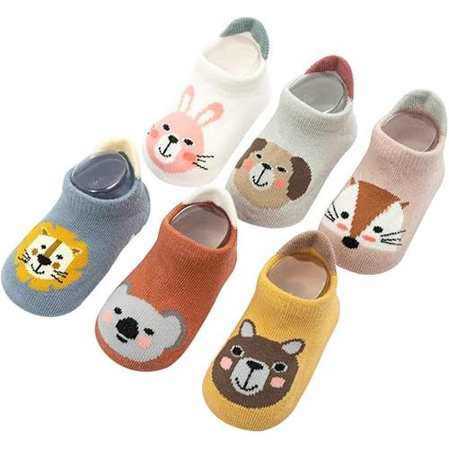 6 Pairs Baby Non Slip Grip Cotton Animal Ankle Socks with Non Skid Soles for Newborn - Toddler
