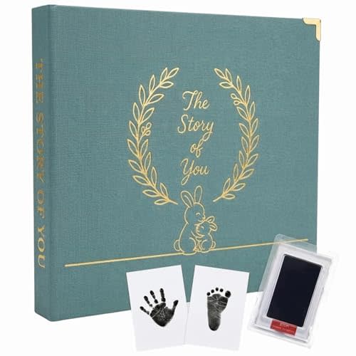 Baby Memory Book Keepsake Journal – First 5 Years, Gender Neutral, Newborn Photo Album & Milestone Book with Hand & Footprint Kit, Scrapbook Gift for Baby Shower (Green)