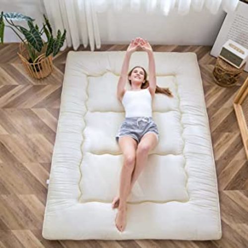 MAXYOYO Japanese Floor Mattress Futon Mattress Full Size Camping Mattress, Thicken Tatami Mat Sleeping Pad Foldable Roll Up Mattress Guest Mattress Pad Floor Bed, Off White, Full Size