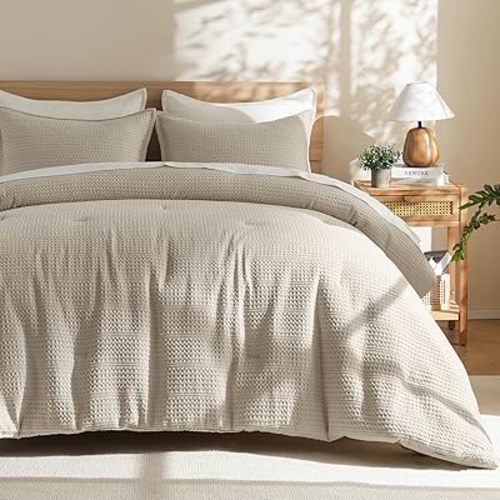 PHF Soft Waffle Comforter Set Twin Size- Comfy Breathable Waffle Weave Comforter with 1 Pillow Shams, 2 Pieces Less Snagging Lightweight Textured Bedding Set for All Season, Natural/Linen