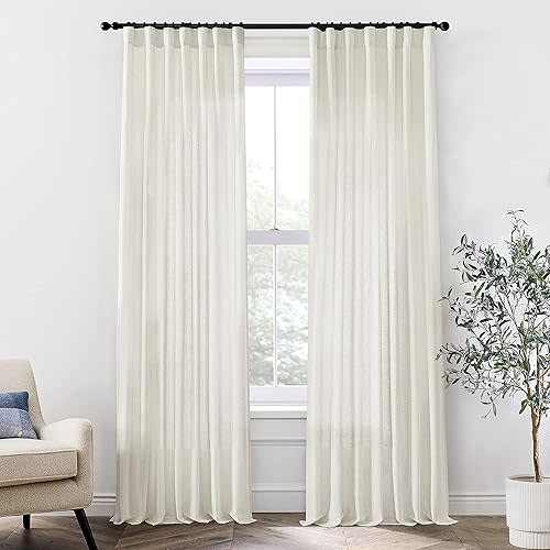 XTMYI Linen Cotton Farmhouse Curtains for Living Room Bedroom 84 Inches Long Two Sheer Hook Belt Pleated Back Tab Birch Off White Ivory Neutral Boho Sour Cream Curtain Drapes 84 Length 2 Panels Set