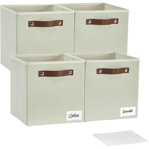 Collapsible Fabric Storage Cube Bins with 2 Reinforced PU Handles, Foldable Storage Organizer Baskets for Closet, Shelves, Living Room | 11"x11"x11", 4 Pack, Sage Green