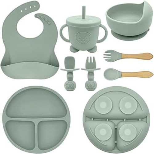 Silicone Baby Feeding Set | Baby Led Weaning Supplies Includes Suction Bowls and Divided Plates, Adjustable Bib, Baby Utensils Spoons and Forks,Cup | Baby Feeding Essentials (Light Green)