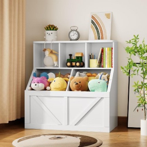 Acekool Kids Bookshelf and Toy Storage Organizer, Toy Cabinet with 3 Shelves, 2 Storage Boxes, for Playroom, Bedroom, Nursery, Vintage White