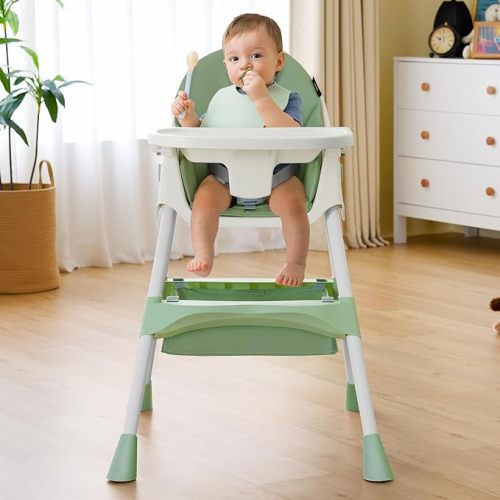 HARPPA 6-in-1 Convertible Baby High Chair for Toddlers, Foldable Highchair with Removable Tray for Eating & Playing, Adjustable 5-Point Safety Harness, Toddler High Chair with PU Cushion, Green