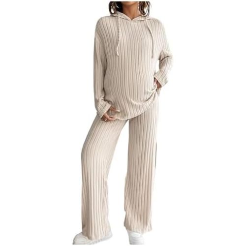 MakeMeChic Women's Maternity 2 Piece Outfits Lounge Set Ribbed Knit Long Sleeve Hoodie and Pants Pregnancy Set
