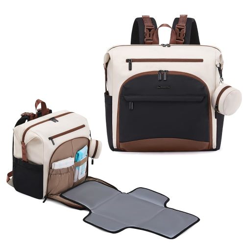 LOVEVOOK Diaper Bag Backpack, Baby Bag with Changing pad, Waterproof Diaper Backpack for Mom Dad, cute Mommy Bag for Boy and Girl, Travel Essential Baby Registry Shower, Black-White-Brown