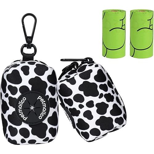 Petmolico Dog Poop Bag Holder Leash Attachment, Dog Waste Bag Dispenser Zippered Pouch, Fits Any Dog Leash, Includes Free Roll of Dog Bags, Poop Bag Dispenser - 2 Pack, Cow Pattern