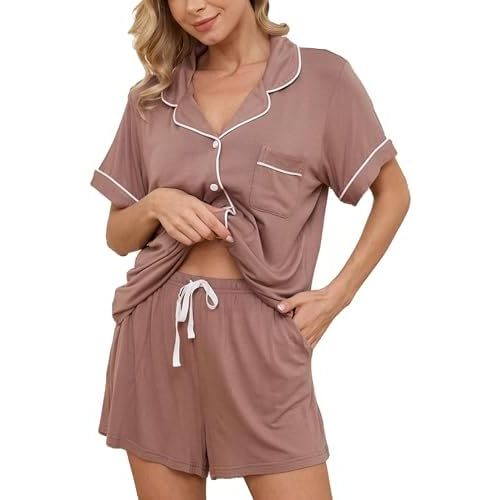 Womens Pajama Sets Short Sleeve Sleepwear Soft Button Down Nightwear Lounge Pj Set XS-XXL