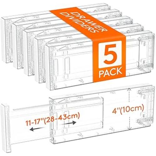 Lifewit Clear Drawer Dividers Adjustable Clothes Drawer Organizers, Expandable Drawer Separators, 5 Pack, 4" High/11-17 Long