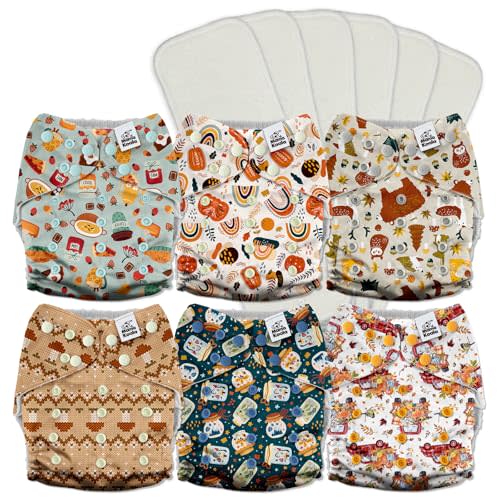 Mama Koala 3.0 Pocket Cloth Diapers for Babies with AWJ Lining, 6 Pack with 6 5-Layer Natural Cloth Diaper Inserts - Reusable and Washable Pocket Diapers(A-Harvest Autumn)