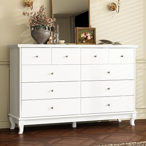 White Dresser 10 Drawer Dresser, Wood Bedroom Dresser, Chest of Drawers for Nursery Storage, Drawer Organizer with Easy Pull Handle for Living Room, Closet, Hallway