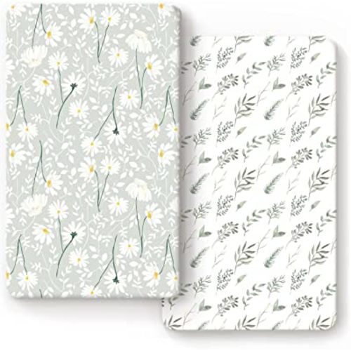 Stretchy Ultra Soft Jersey Knit Fitted Crib Sheets Set 2 Pack, Fit All Standard Crib Mattress Pads, Breathable Crib Sheet for Girls, Watercolor Daisy Flowers
