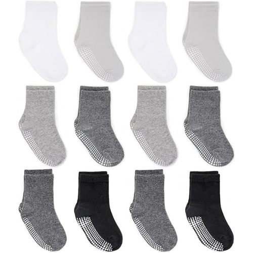 ZAPLES Baby Non Slip Grip Crew Socks with Anti Skid Soles for Infants Toddlers Kids Boys Girls