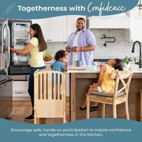 Guidecraft Contemporary Kitchen Helper Toddler Step Stool - Natural: Kids' Adjustable, Folding Learning Cooking Tower with Safety Mat