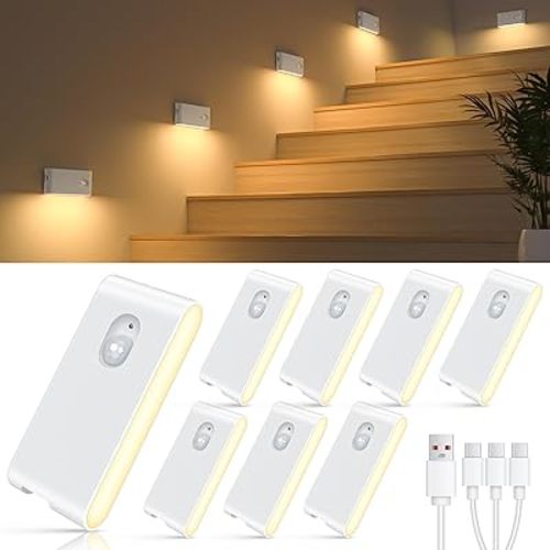 WILLED Rechargeable Night Lights, Warm White Motion Sensor Night Lights, Wireless Stair Lights Indoor for Stairway, Hallway, Kitchen, Closet, Cabinet, Bedroom, Kids' Room(8-Pack)