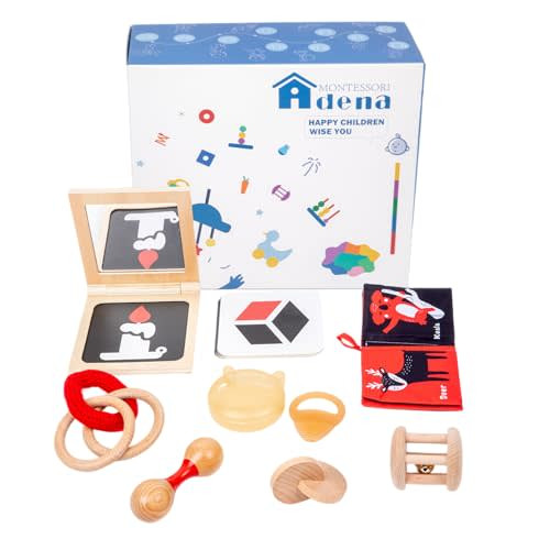 Montessori Play Kit for 0-6 Month Baby Tummy Time Interactive Toys Baby Brain Development Toys Rattle Montessori Toy Interlocking Rings Black, White Card Soft Book and Wooden Book Frame with Mirror