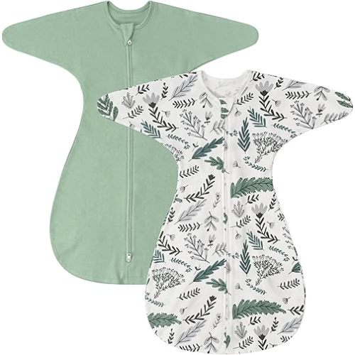 ZIGJOY Shark-Fin Transition Swaddle - 1.0 Tog Baby Sleep Sack Soft Cotton Transitional Swaddle Baby Wearable Blanket with 2-Way Zipper for All Seasons, Green&Leaf, 6-12 Months