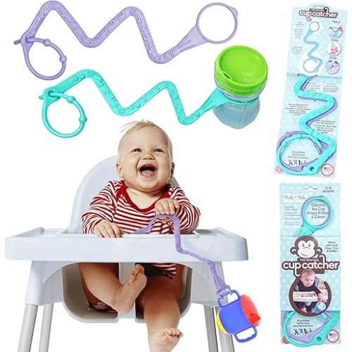 Brilli Baby Cup Catcher - Patented Safety Tether to attach Sippy Cups, Bottles, Toys & Pacifiers to Strollers, High Chairs & Car Seats, Made in USA, Food grade, Dishwasher Safe 2 Pack (Lavender, Aqua)